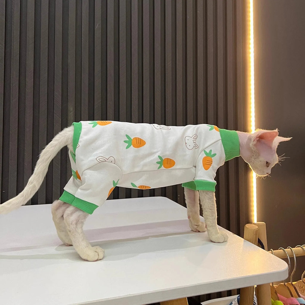 Hairless cat wearing all-inclusive sleeved polyester pet clothing in 2502 Carrot colour, cartoon style.