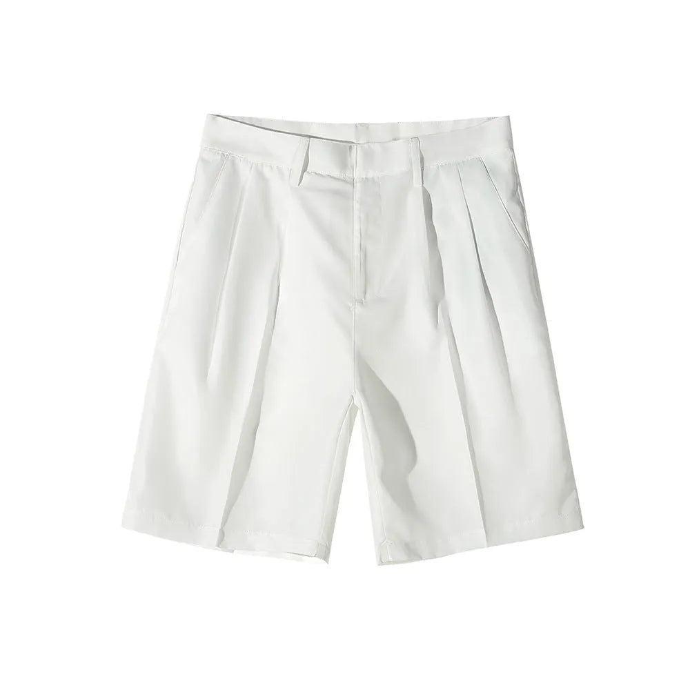 Men's straight leg casual shorts in solid colour on a hanger