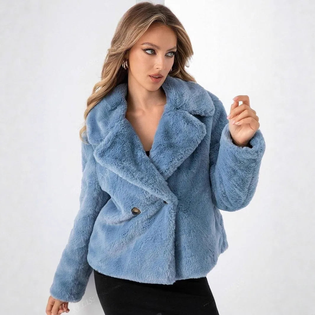 Women's short length loose fit faux fur coat in rose red colour with regular sleeves