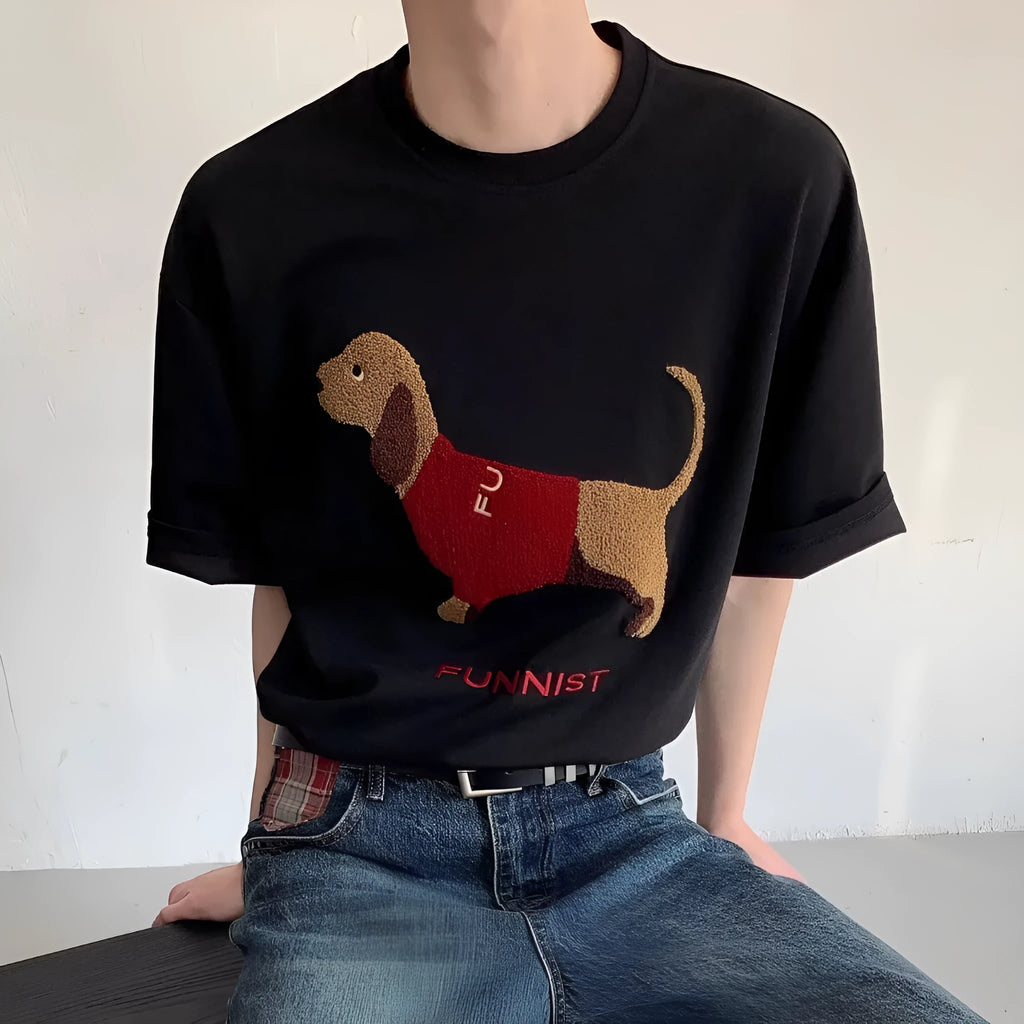 Men's grey cotton T-shirt with a black embroidered sausage dog design on the chest.