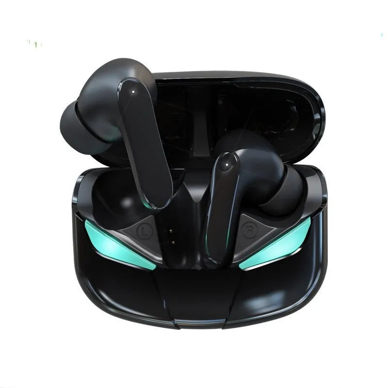Neutral-black and neutral-white wireless TWS in-ear sports stereo headphones with charging cable.