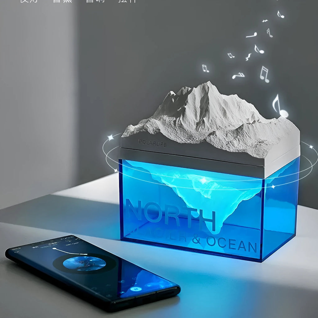 Glacier night light Bluetooth speaker with solid colour glacier pattern on bedside table