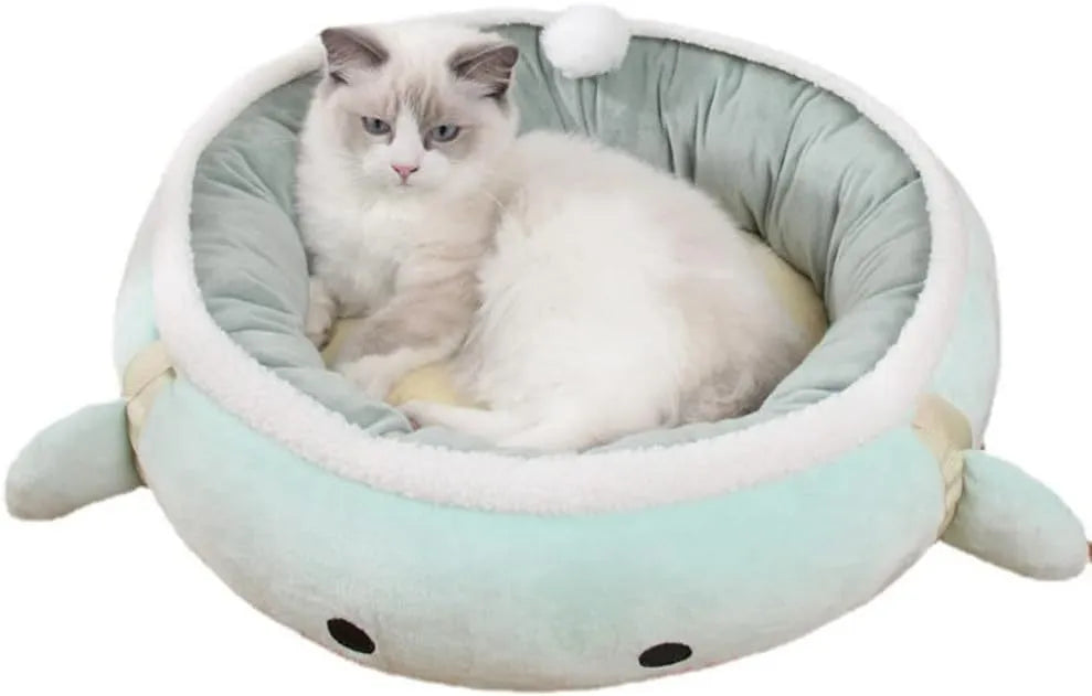Green chick and dinosaur shaped cat bed shown both flat and hung as a hammock for small pets.