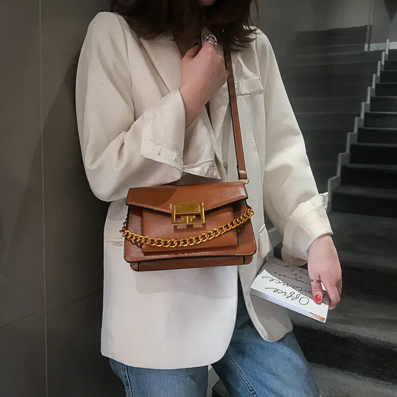 Women's shoulder bag square box shape with chain detail PU lining zippered hidden pocket black