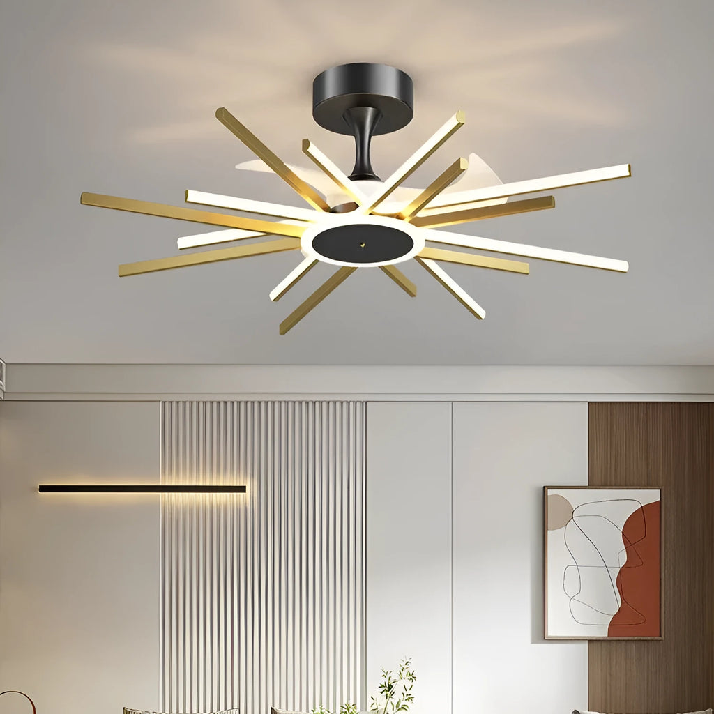 Nordic iron pendant fan lamp with LED light source in black finish, 85cm diameter