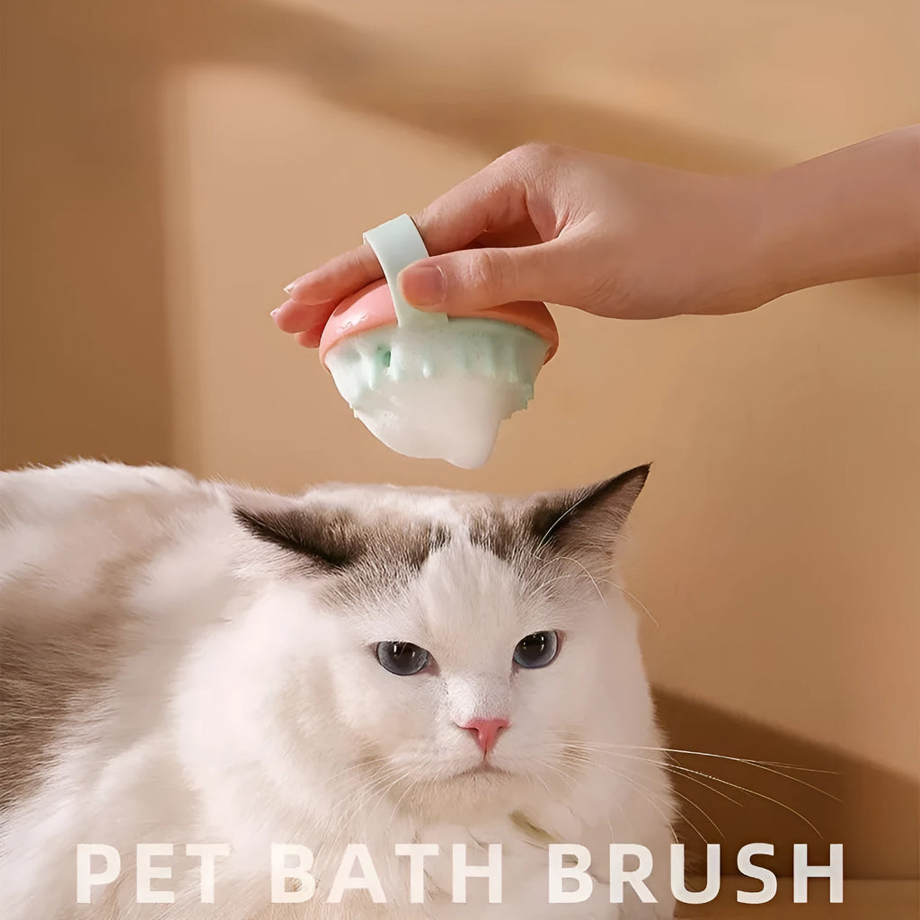 Silicone pet bathing brush with soft bristles and ergonomic handle in blue, pink, white, or yellow colours
