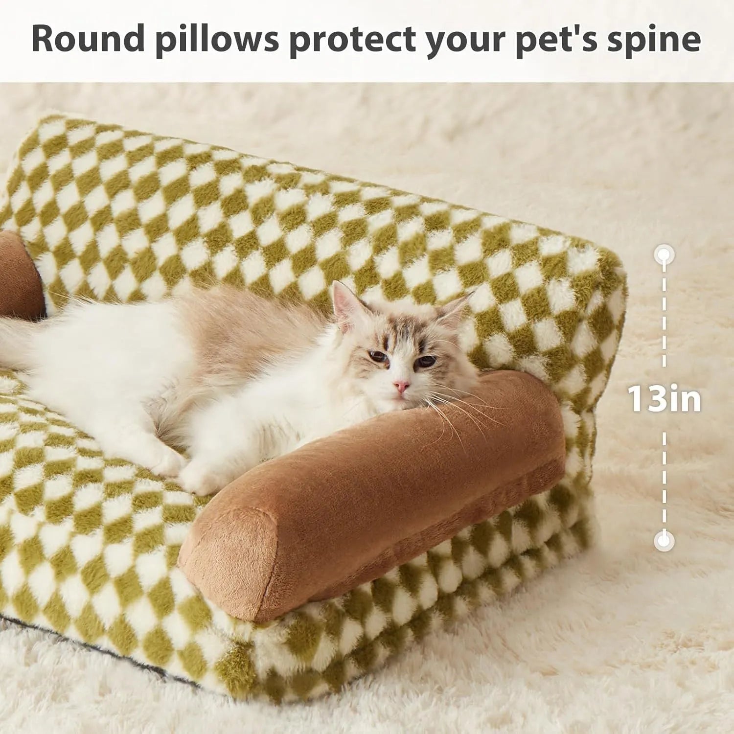 Checkered grey and white pet sofa bed for small dog or cat on wooden floor.