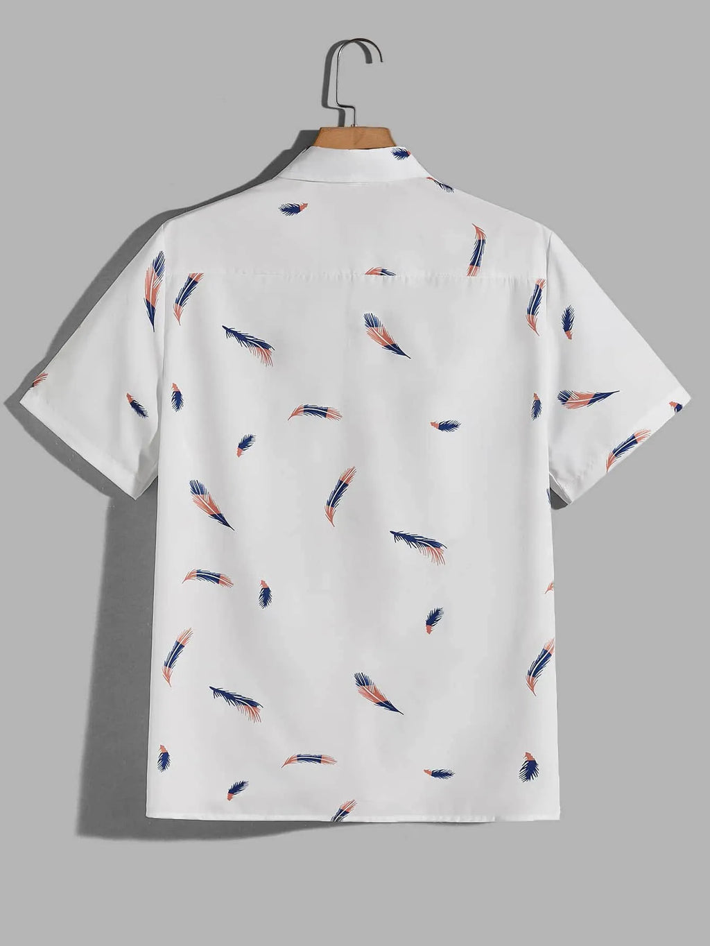 Men's feather pocket short sleeve cotton blend cardigan in white, yellow, and blue print, front view.