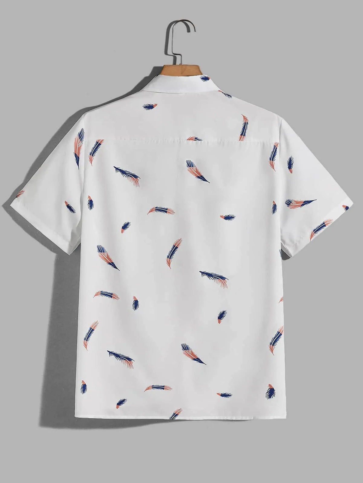 Men's feather pocket short sleeve cotton blend cardigan in white, yellow, and blue print, front view.