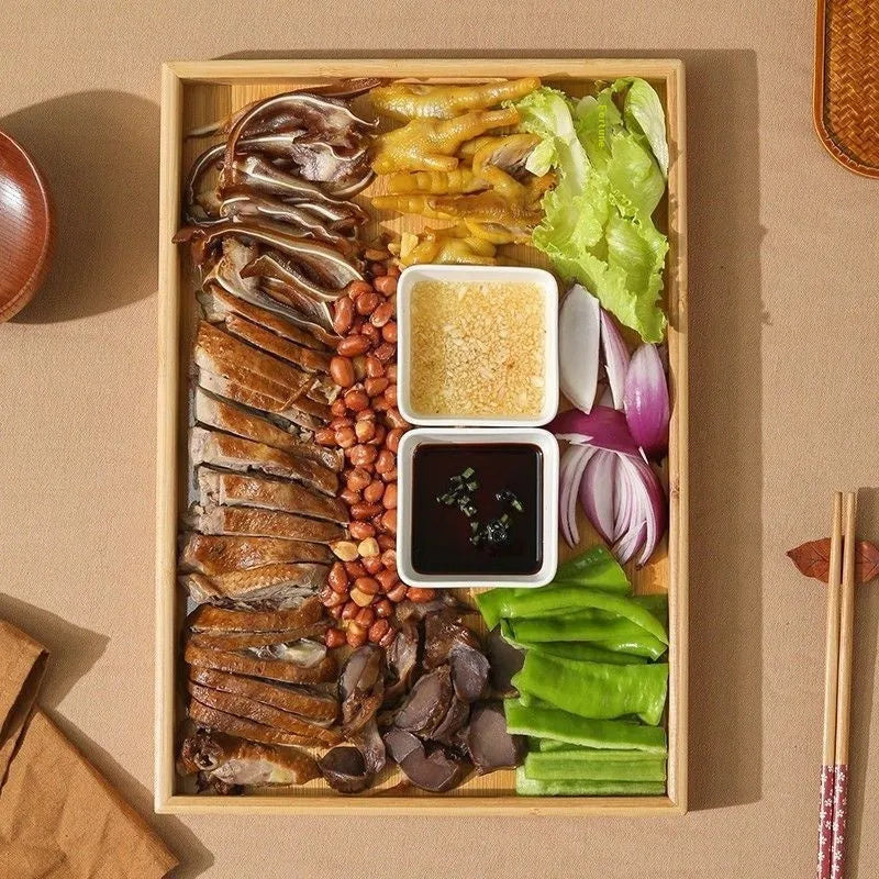Square bamboo barbecue tray with brown wooden handle for food service