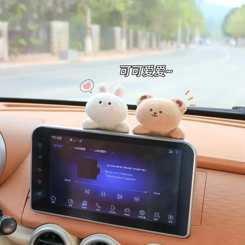 Cartoon-style fabric plush doll for car centre console decoration in bear or rabbit designs