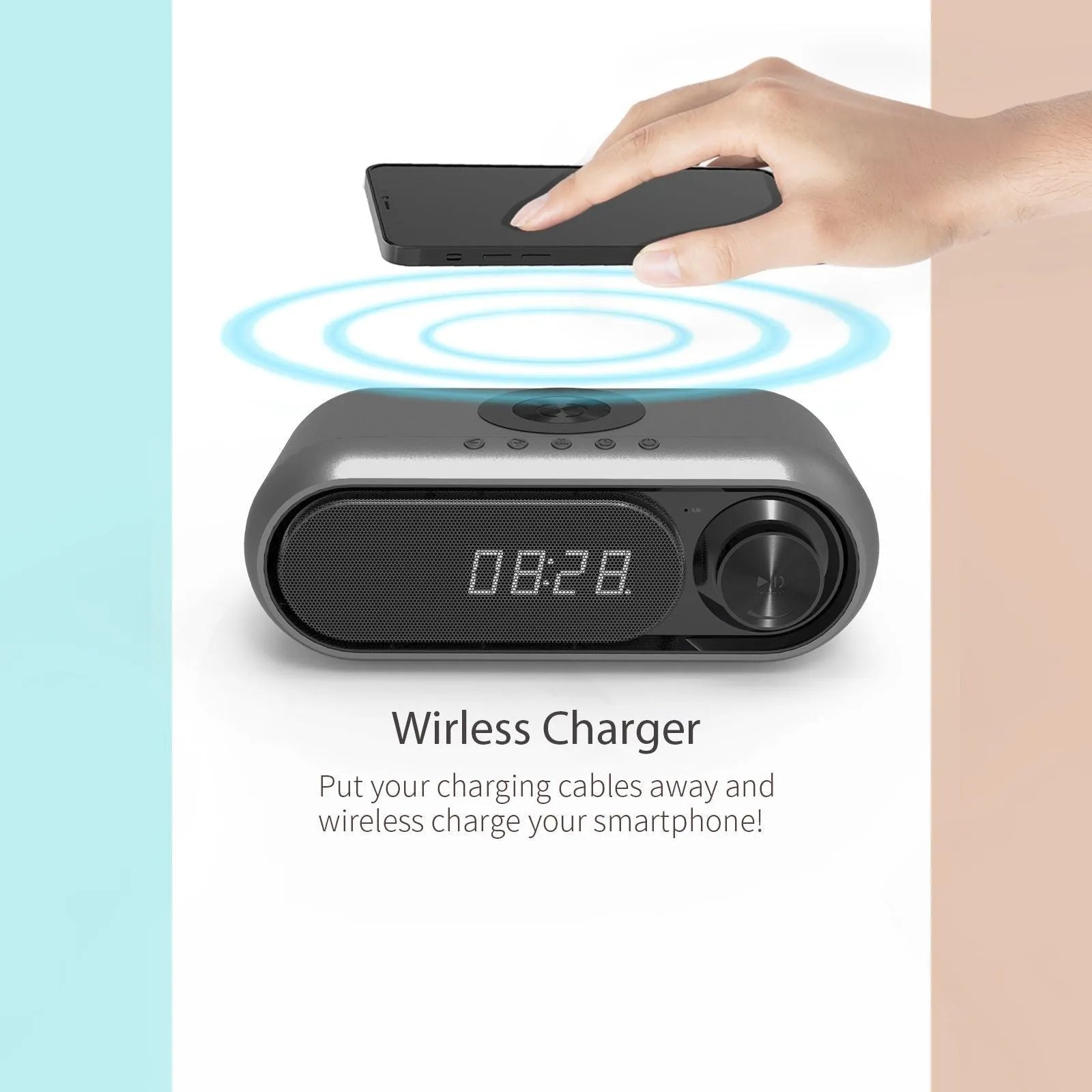 Space Grey wireless charging bedside alarm clock with Bluetooth speaker and LED display