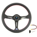 14-inch leather-wrapped steering wheel with a middle concave design, showing black and silver skeleton frame options.