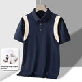 Men's grey striped short sleeve t-shirt with a business lapel and loose fit.