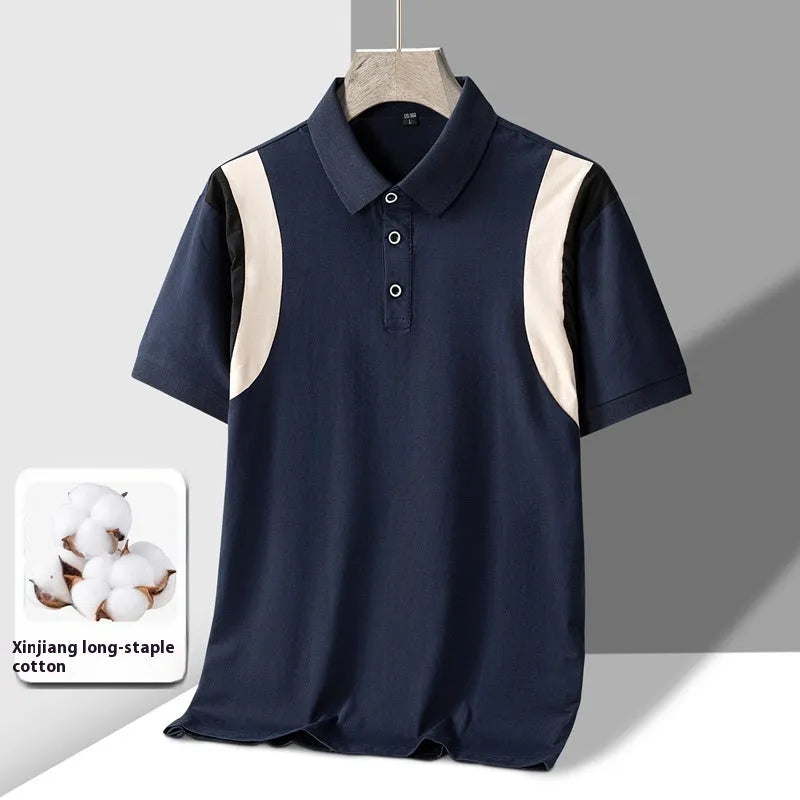 Men's grey striped short sleeve t-shirt with a business lapel and loose fit.