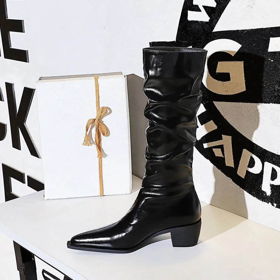 Women's Over-the-knee Boots Chunky Heel Mid Heel Pointed Toe Wrinkled Surface Patent Leather Solid Colour European and American Style Autumn Winter Warm Height Increase Black or Velvet Lining Cotton Lining Rubber Sole Various Sizes