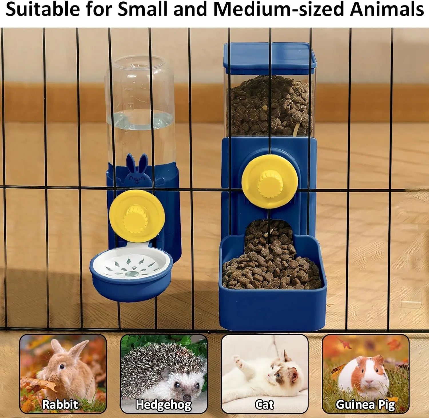 Transparent hanging automatic pet feeder with food and water compartments for small animal cages