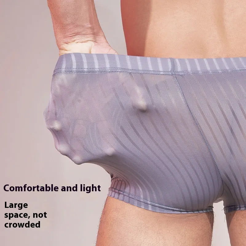Men's striped thin transparent nylon boxer briefs in black, dark grey, and white colours.