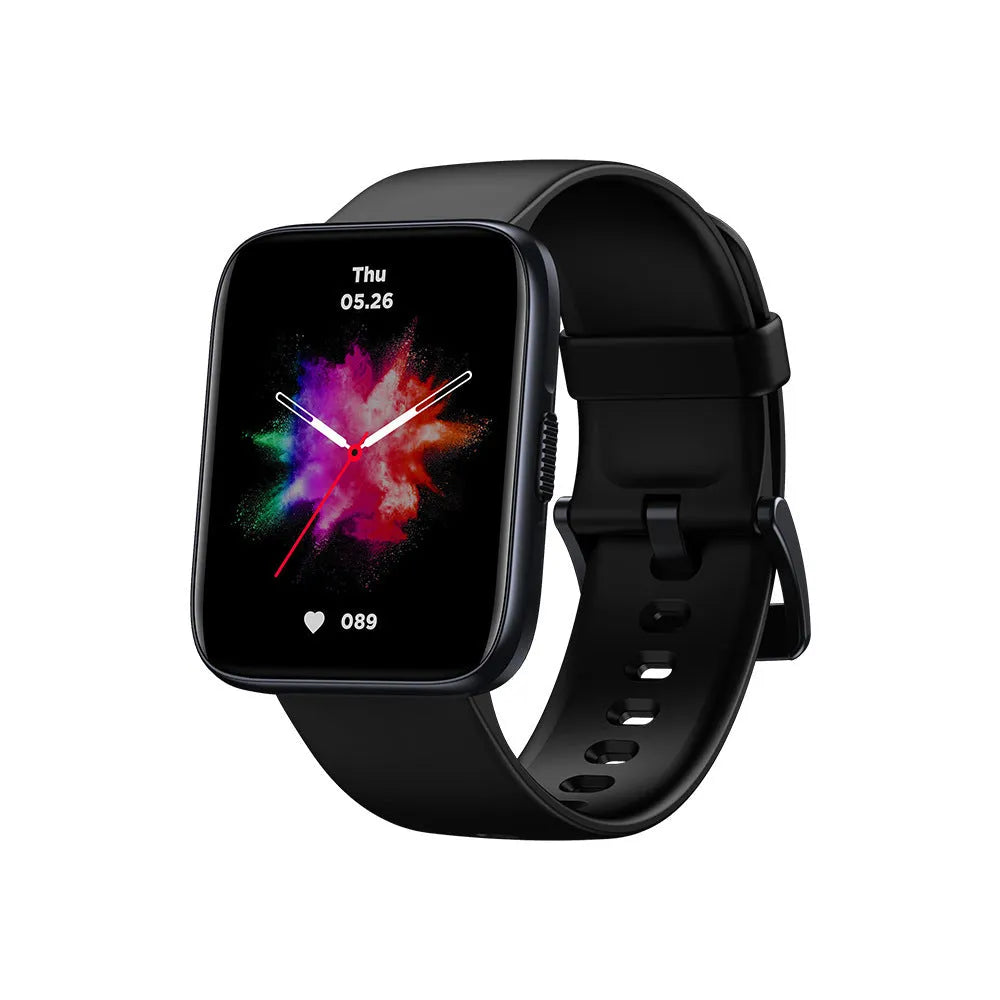 Black GPS smart watch with rubber strap and 1.78-inch LCD display on wrist.