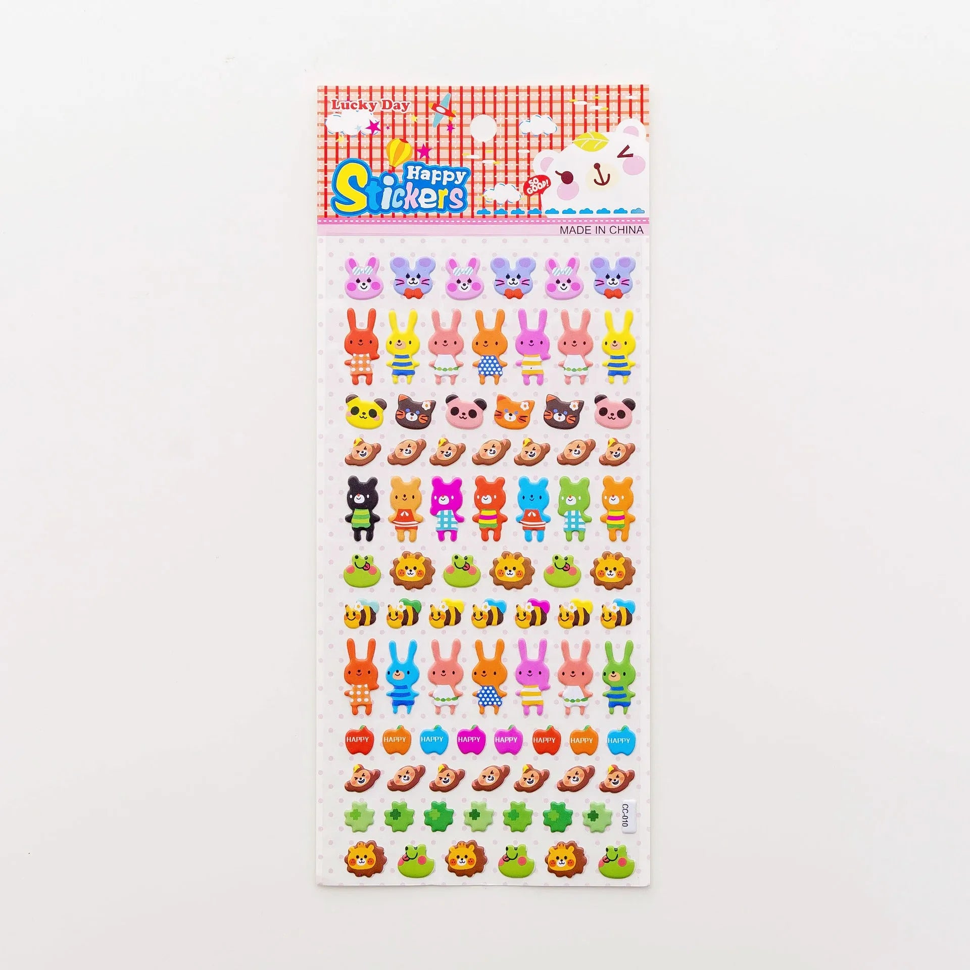 Pack of colourful 3D bubble stickers showing raised cartoon designs of an alpaca, cat, dinosaur, and sweetheart motifs.