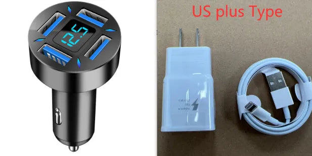 Black four-port USB car charger with LED digital display showing voltage.
