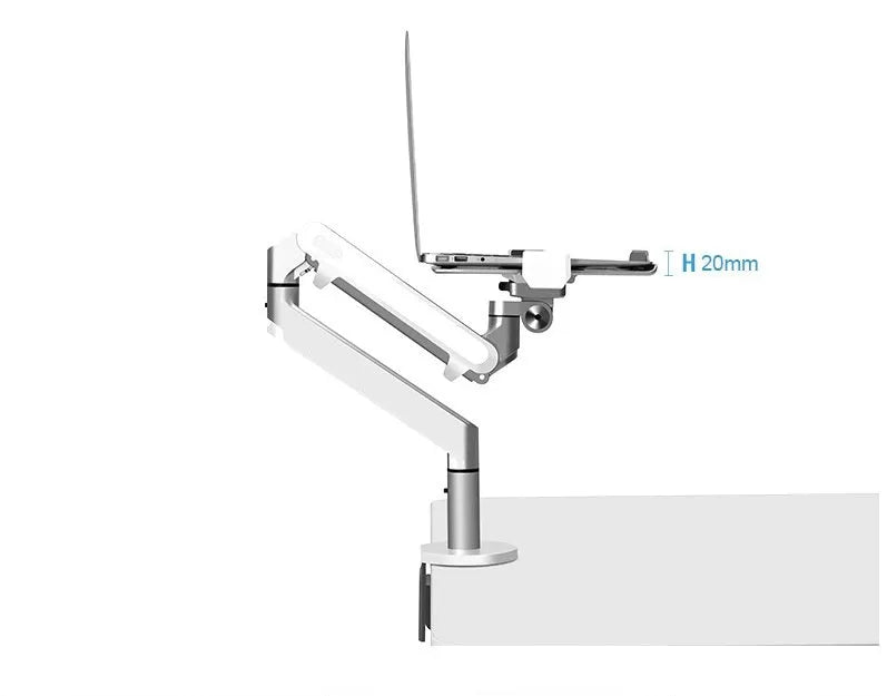 Silver aluminium alloy hover notebook stand on a desk holding a laptop.
