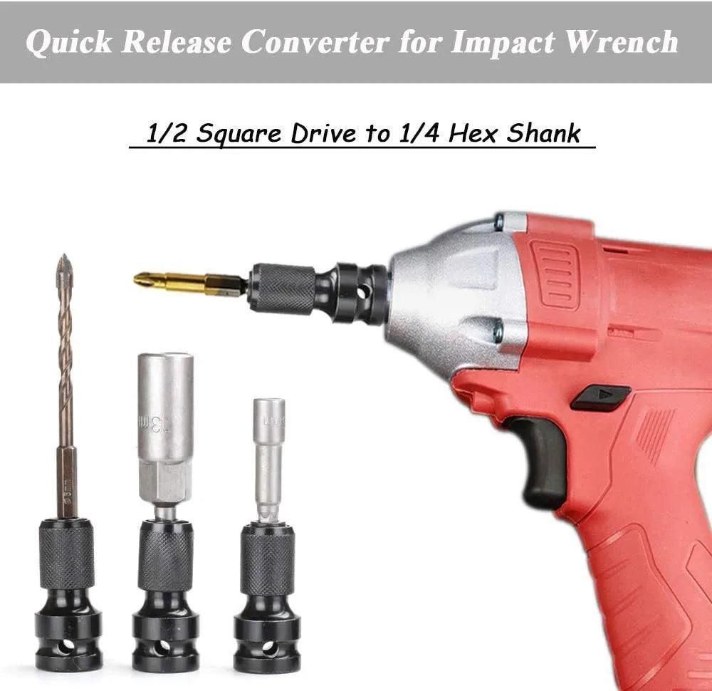 Electric wrench telescopic bit holder with hexagonal handle showing scaling from 1/2 inch to 1/4 inch