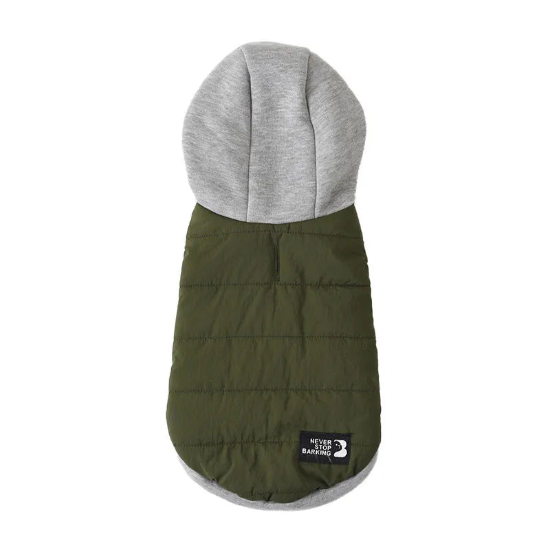 Cotton fleece windproof dog jacket in blue, green, wine red, sizes M to 3XL