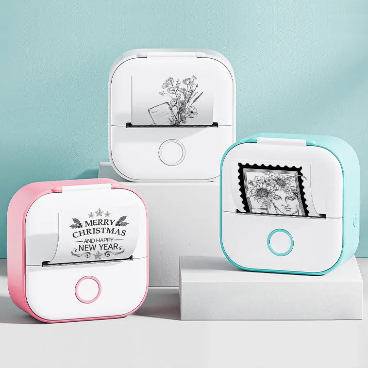 Phomemo T02 series portable mini thermal label printer in white and pink, with Bluetooth and USB charging