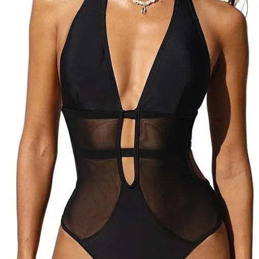 Black women's V-neck mesh one-piece swimsuit with hanging neck detailing