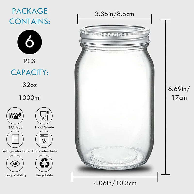 Six transparent 32oz glass storage bottles with airtight wide mouth and glossy finish