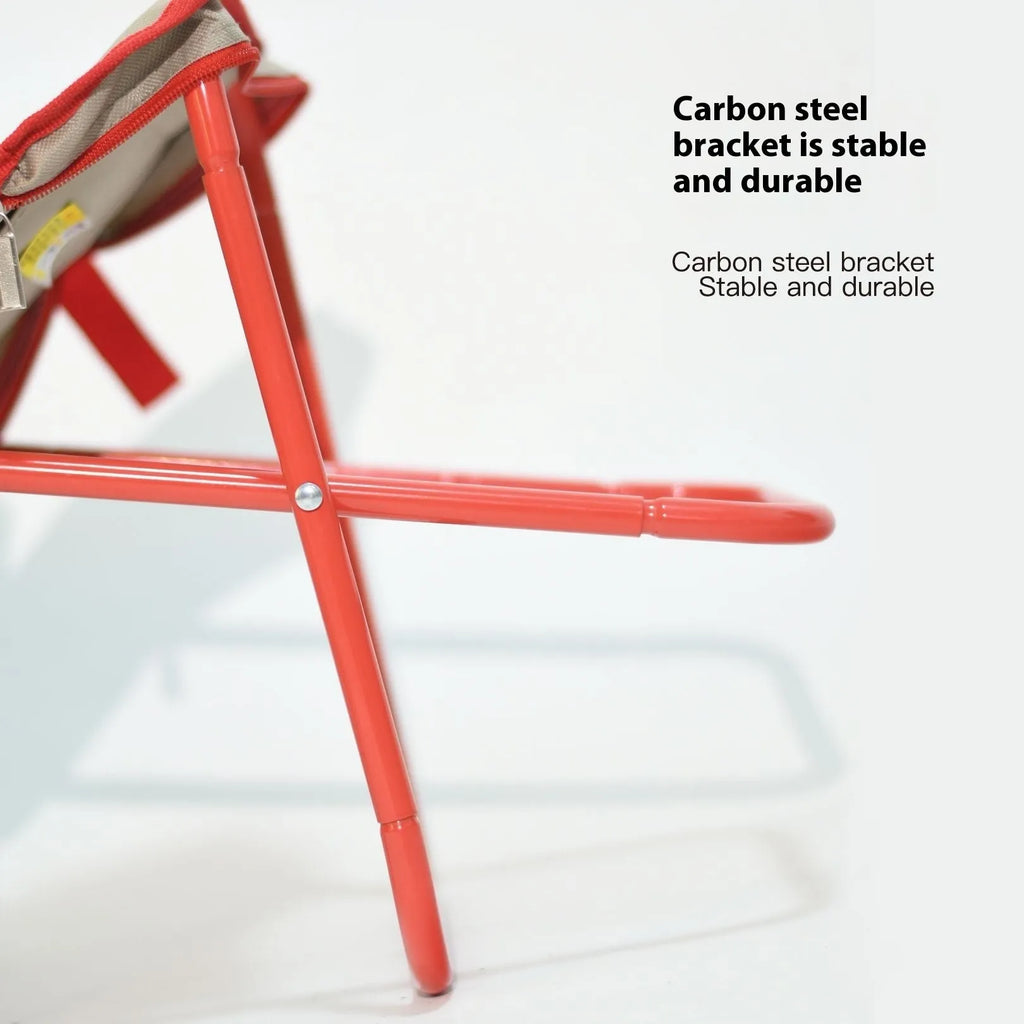 A lightweight foldable camp stool with an Oxford cloth seat, shown in a collapsed pencil box design.