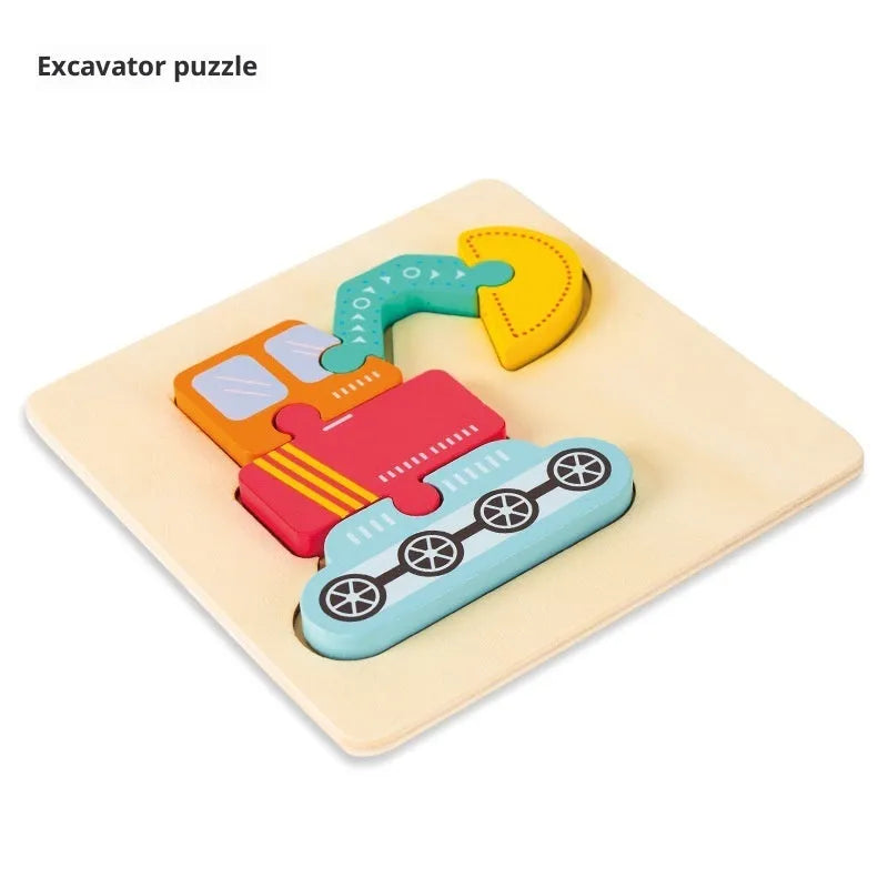 Wooden children's puzzle building block toy measuring 15 x 15cm, featuring an excavator design for infant learning