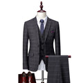 Men's business suit in dark grey polyester, Korean slim fit style with two-button placket and trousers