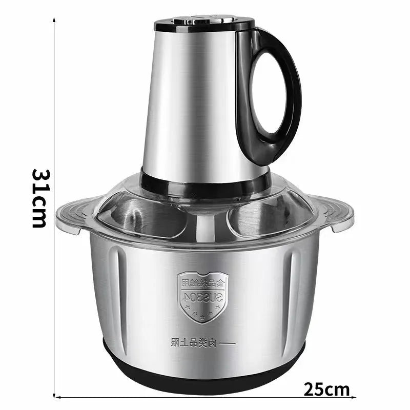 Stainless steel meat grinder with 2L bowl, 2 sets of knives, and adjustable speed control on a kitchen counter