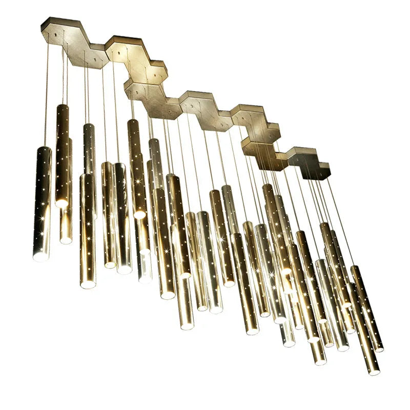 Carved hollow tube bar chandelier LED aluminium alloy gold colour 6 heads