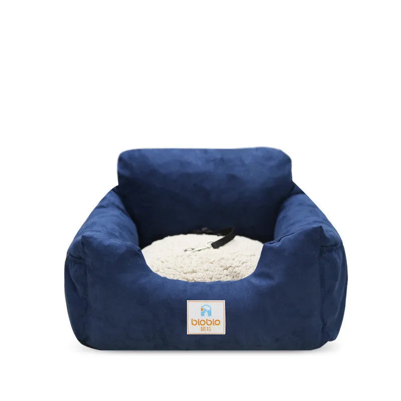 Denim canvas dog travel kennel, 55x50x30cm, shown in blue stripes or deep sea blue