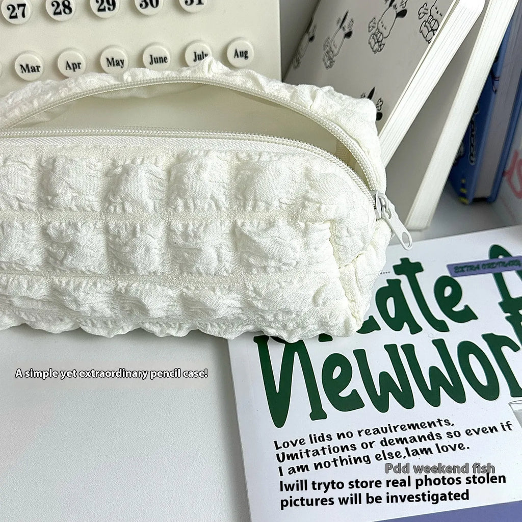 Fashion Personality Cream Puff design fabric pencil case in beige or black colours with zip closure