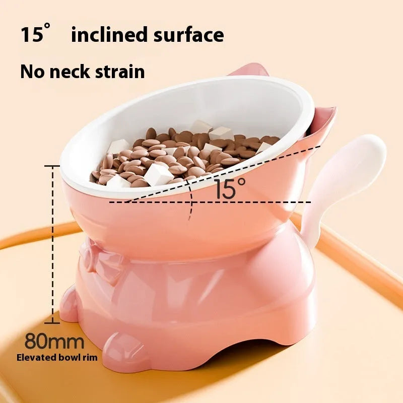 Matte finish stainless steel tilted cat bowl in four colours on a kitchen counter