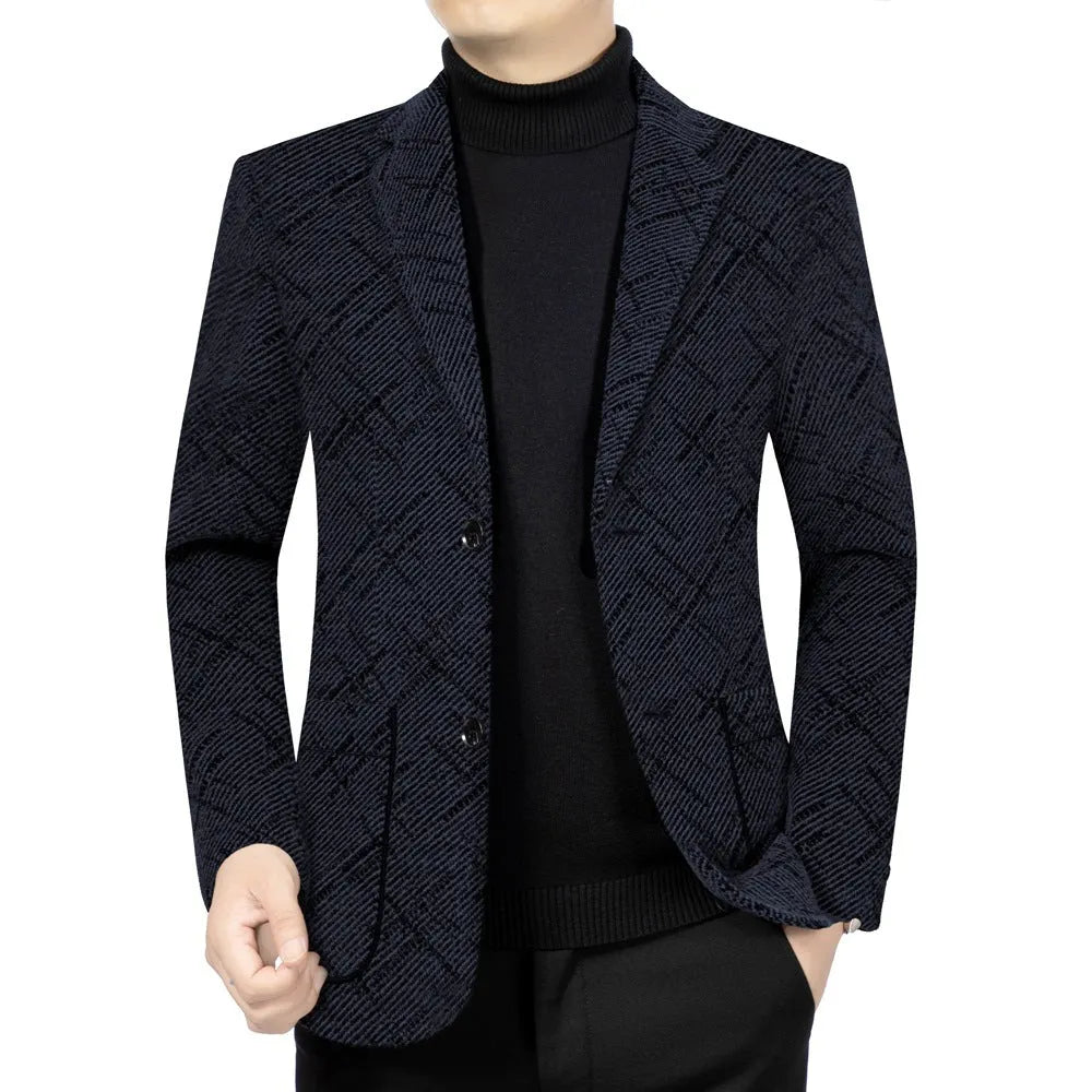 Men's slim-fit business casual coat in brown with stick pocket and long sleeves, polyester lining