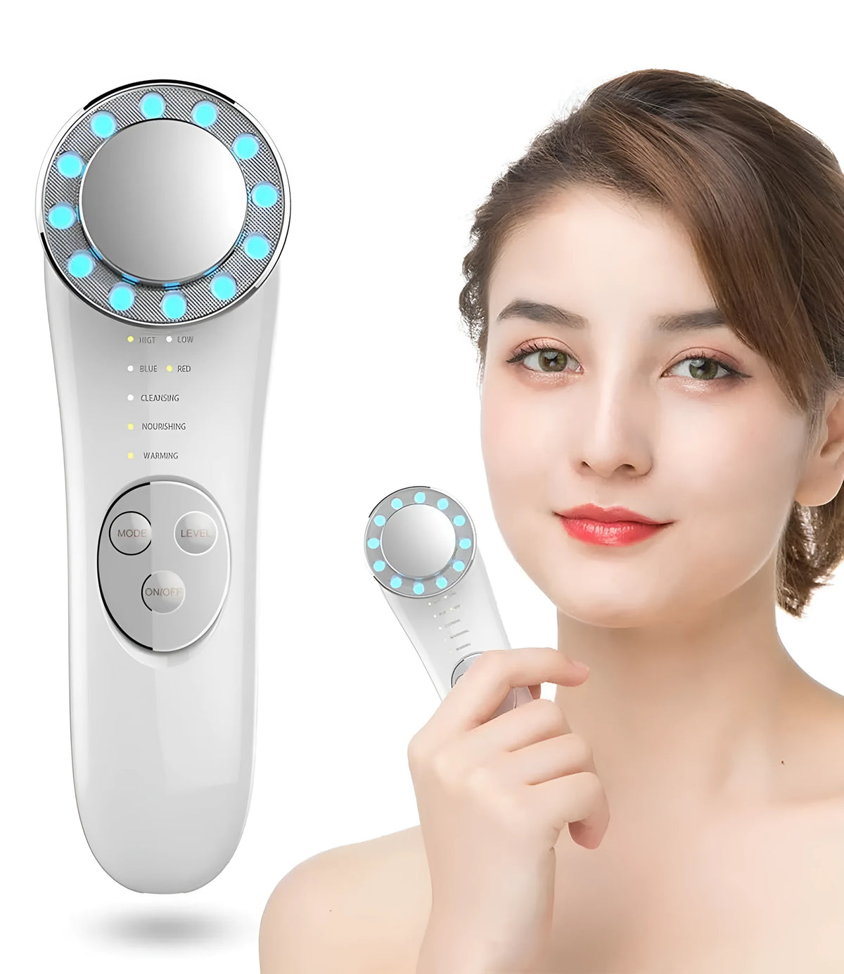 7 in 1 facial massager in platinum or silver with red blue light and EMS micro current, 45 x 55 x 151 mm
