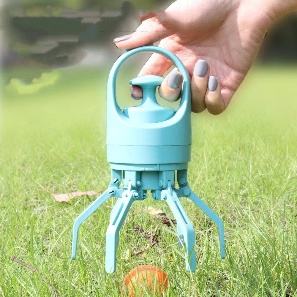Blue portable dog pooper scooper with eight-claw shovel and built-in bag dispenser