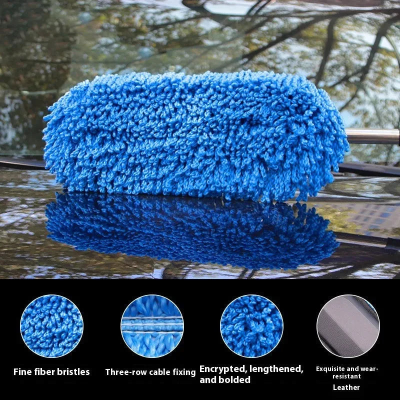 Blue retractable car wash mop with nano fibre head extending from 75cm to 86cm on a car bonnet