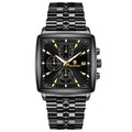 Men's rectangular dial quartz watch with luminous hands and stainless steel construction