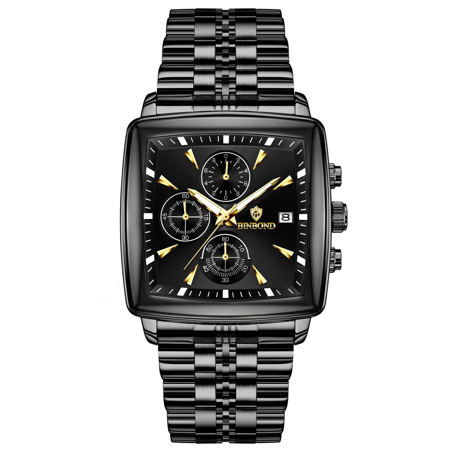 Men's rectangular dial quartz watch with luminous hands and stainless steel construction