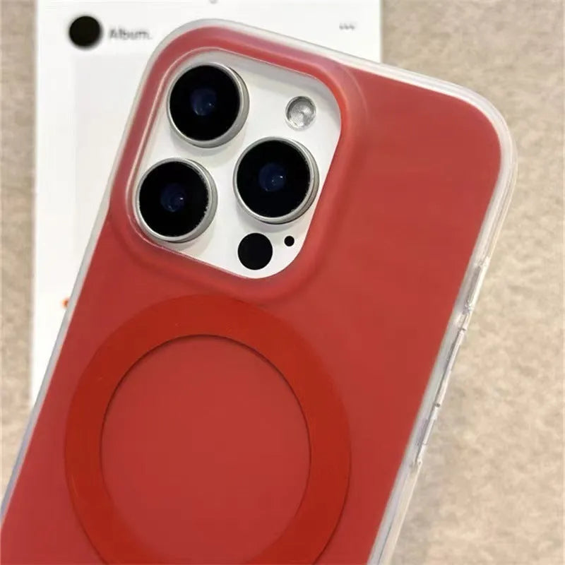 Silicone iPhone case with strawberry magnetic bracket, frosted matte finish, red colour.