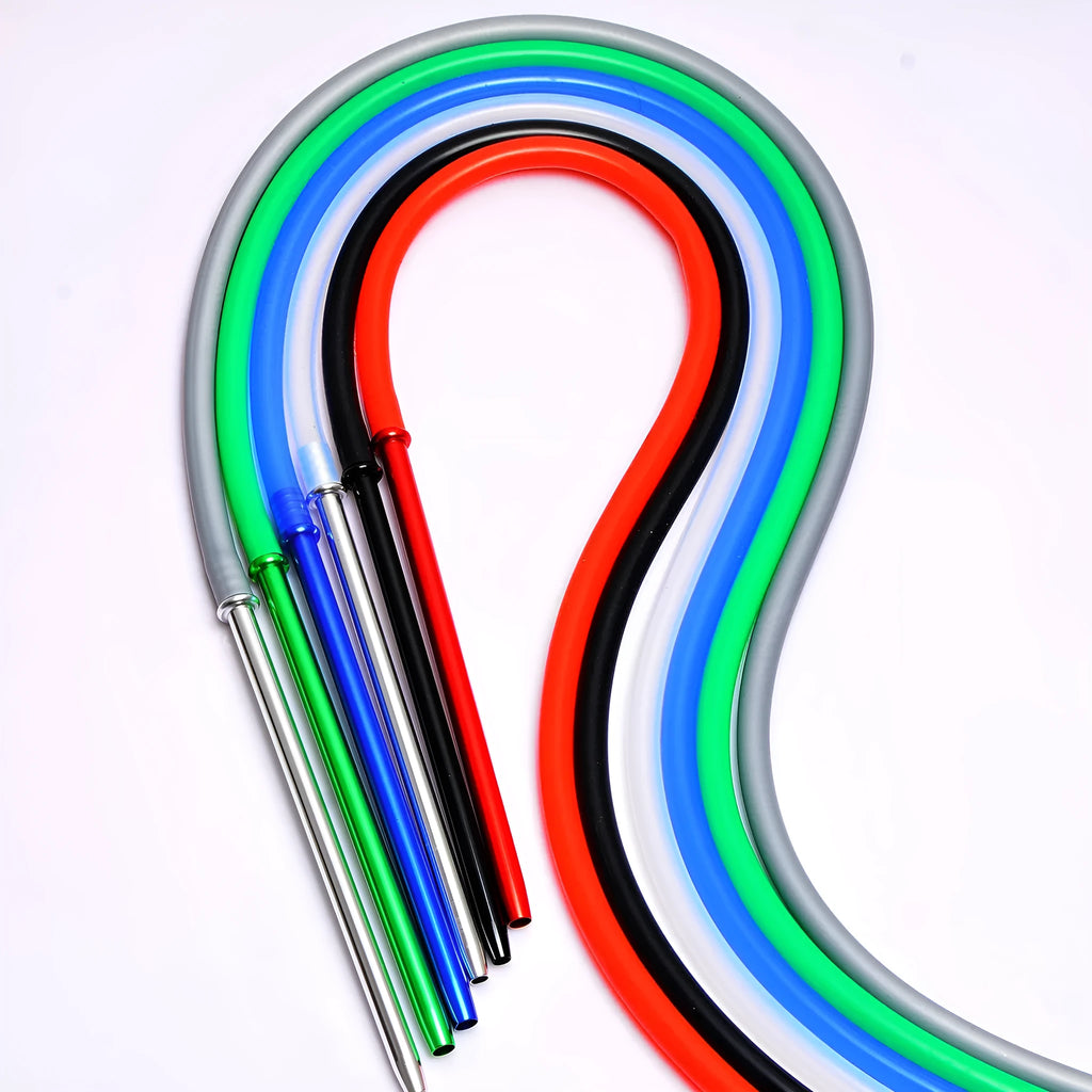Silicone hookah hose with metallic ends in red, blue, green, black, silver grey, and clear colour options.
