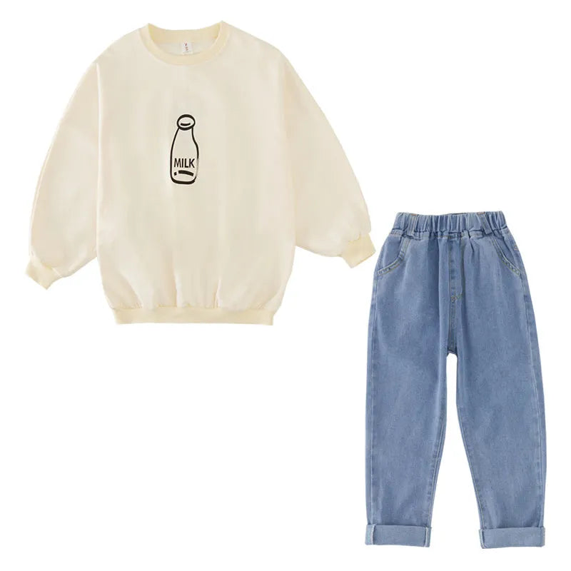Girls' beer print top and jeans suit in white, long sleeves, Korean style, size 110-160cm