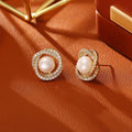 Natural pearl winding ear studs, real gold plated copper, round geometric shape for women