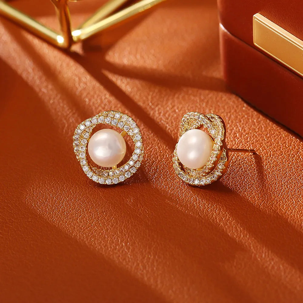 Natural pearl winding ear studs, real gold plated copper, round geometric shape for women